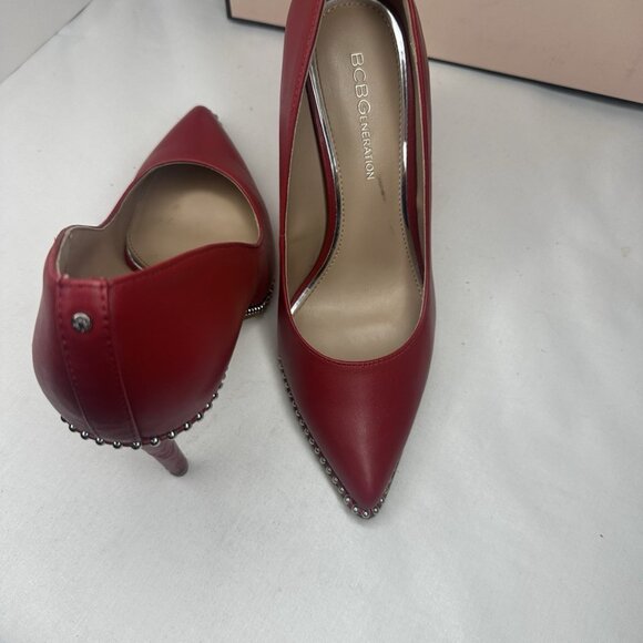 BCBG Generation Leather Stilletto Red Studded Shoes Almond toe heels Pumps - Picture 12 of 13